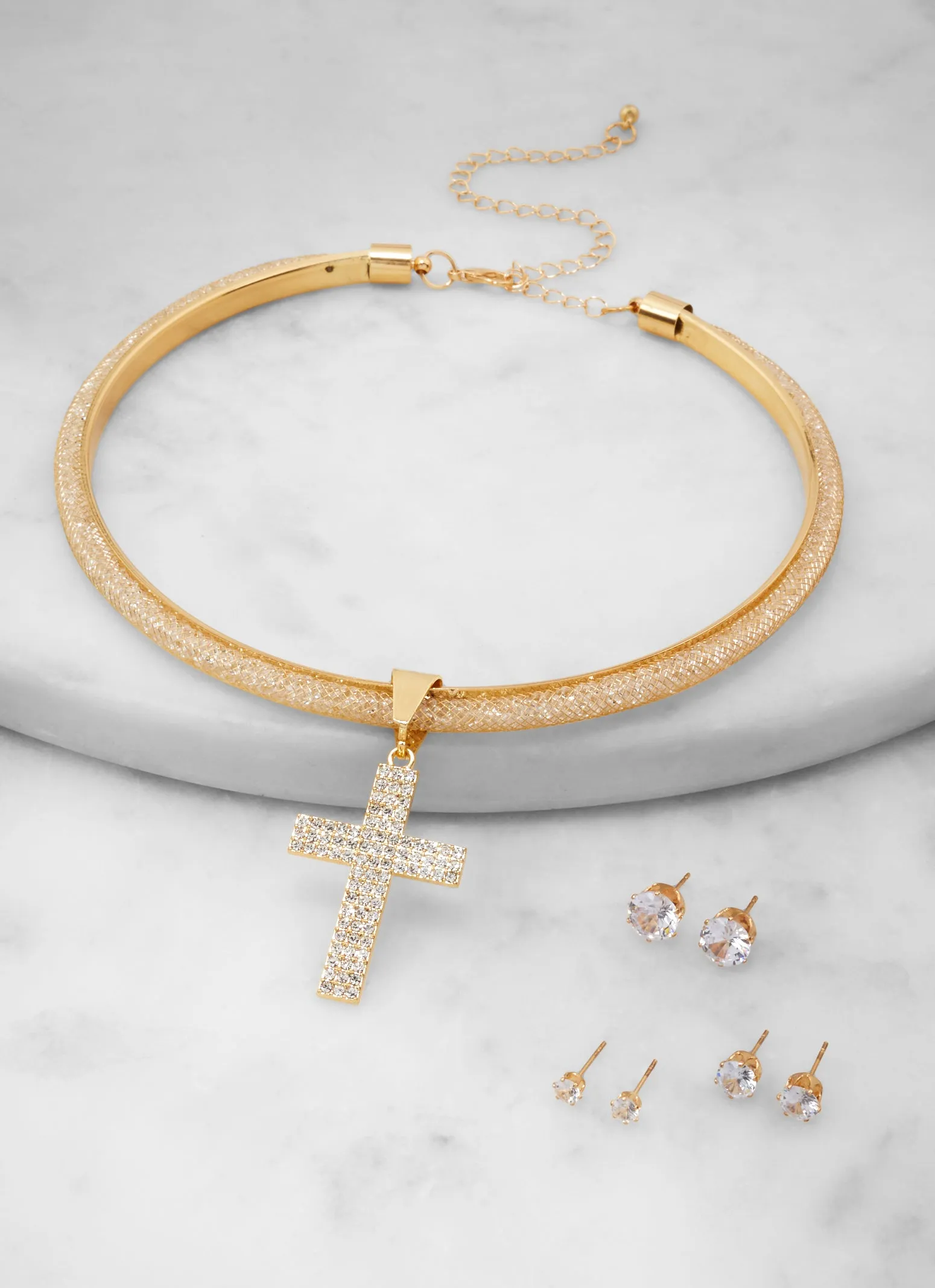 Rhinestone Cross Collar Necklace with Stud Earring Trio Set sold by Rainbow