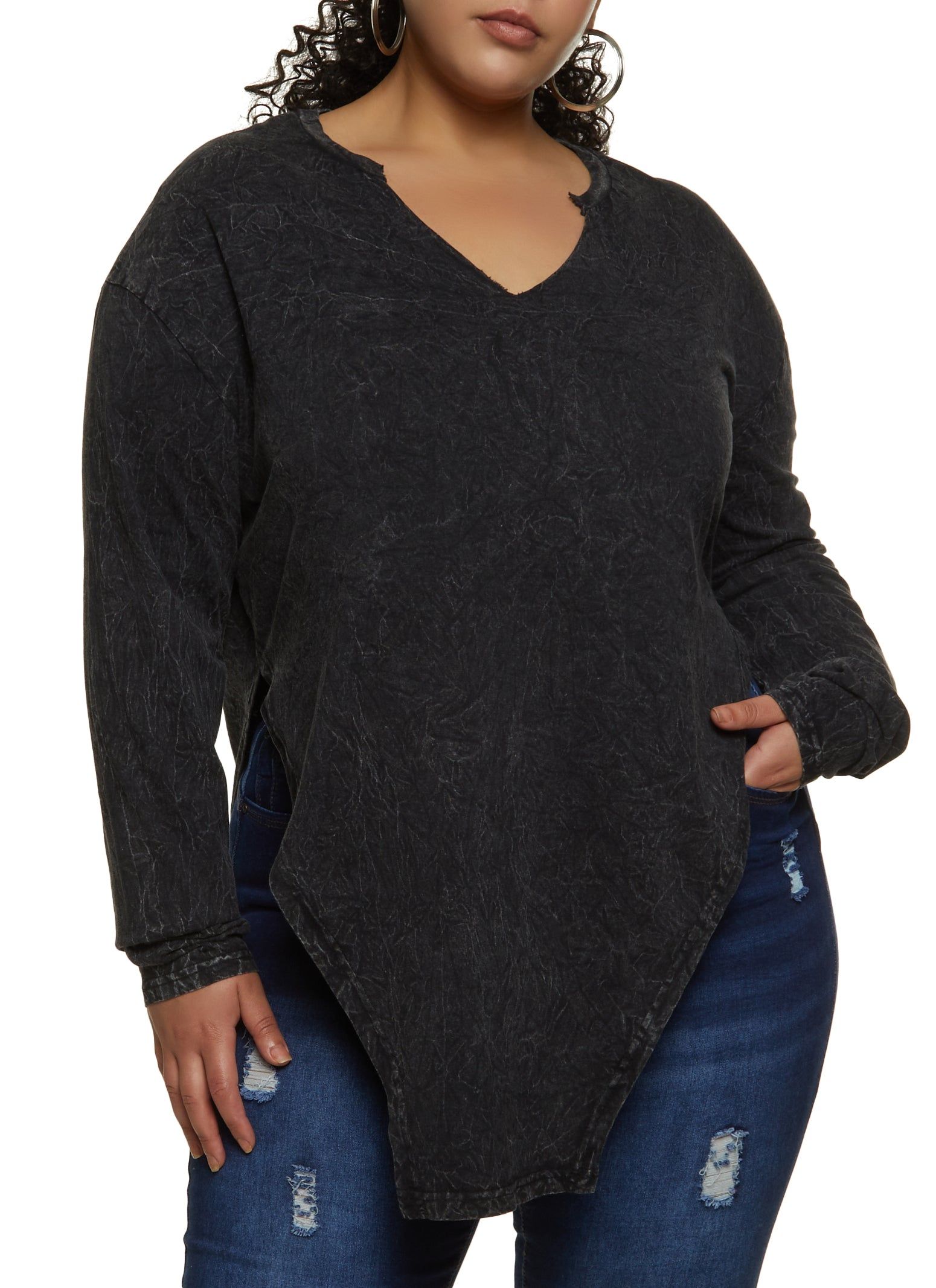 Plus Size Notch Neck Hanky Hem Tee sold by Rainbow