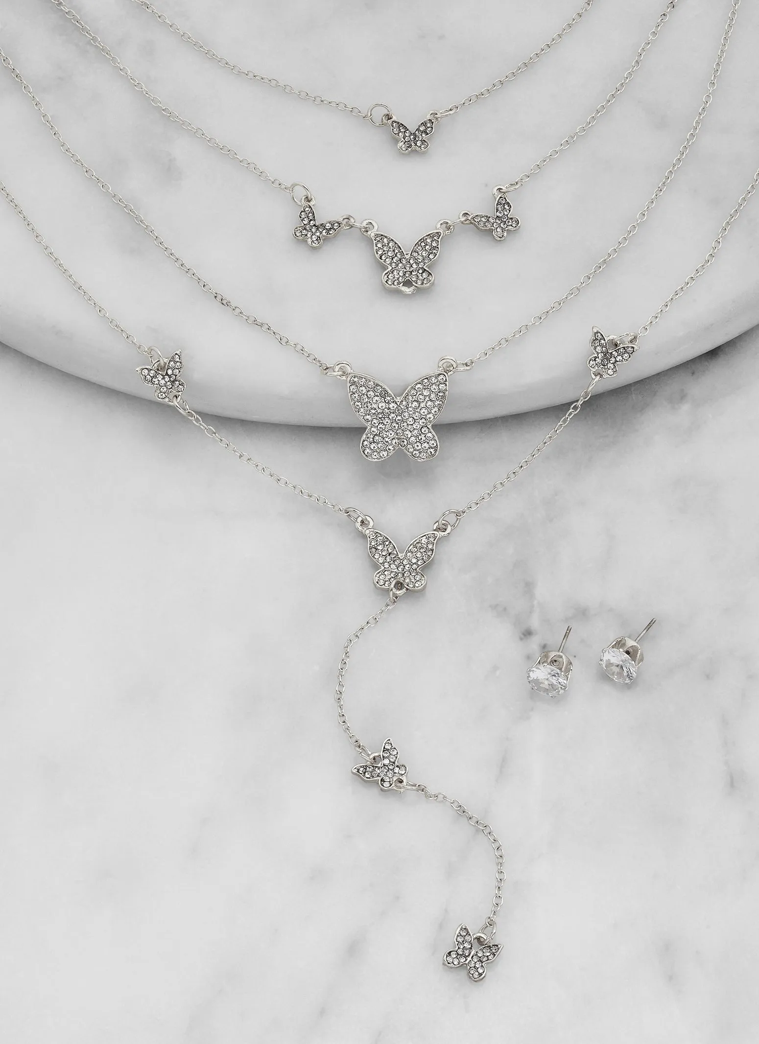 Rhinestone Butterfly Layered Necklace with Stud Earrings sold by Rainbow product image thumbnail 2