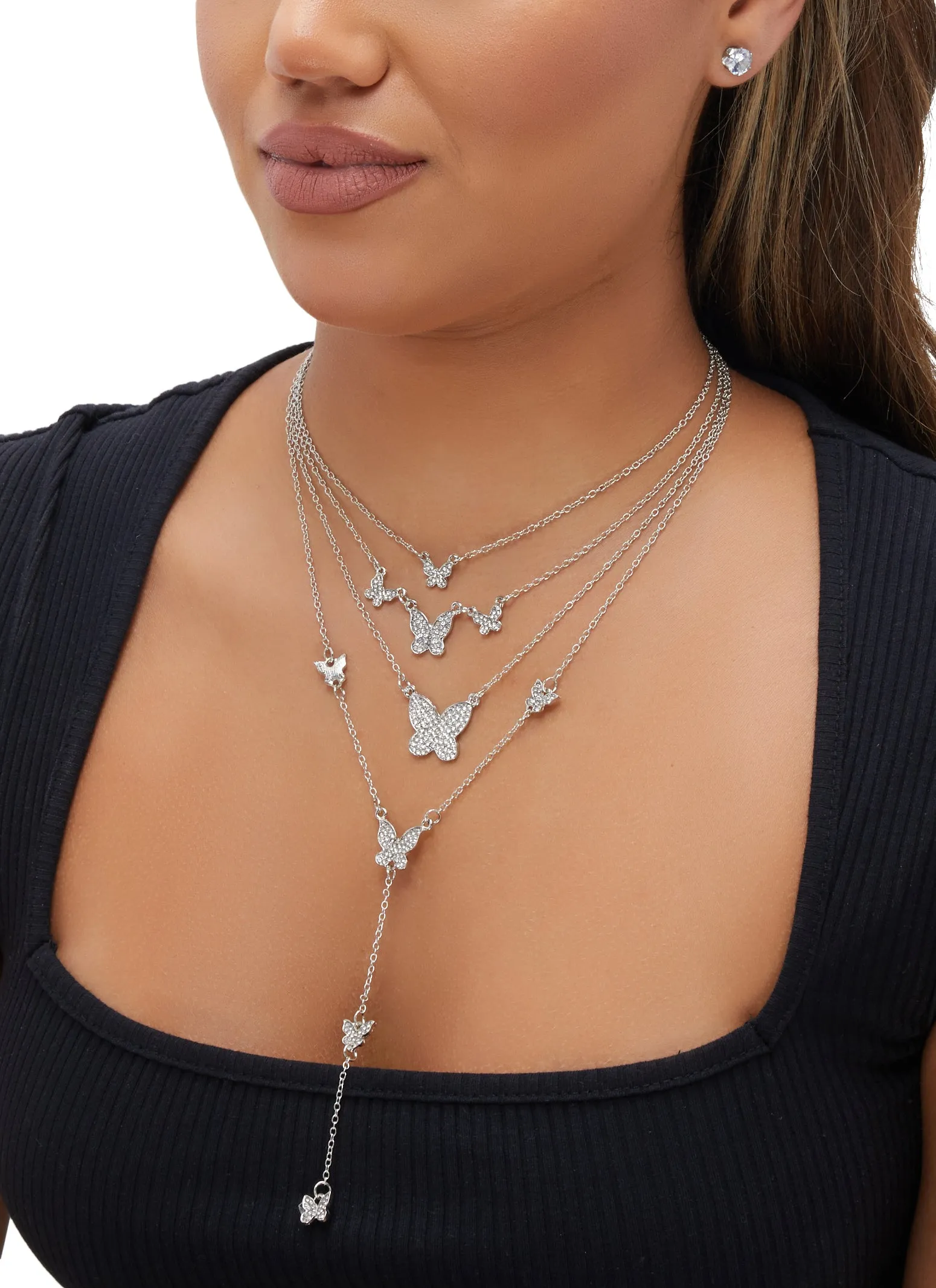 Rhinestone Butterfly Layered Necklace with Stud Earrings sold by Rainbow