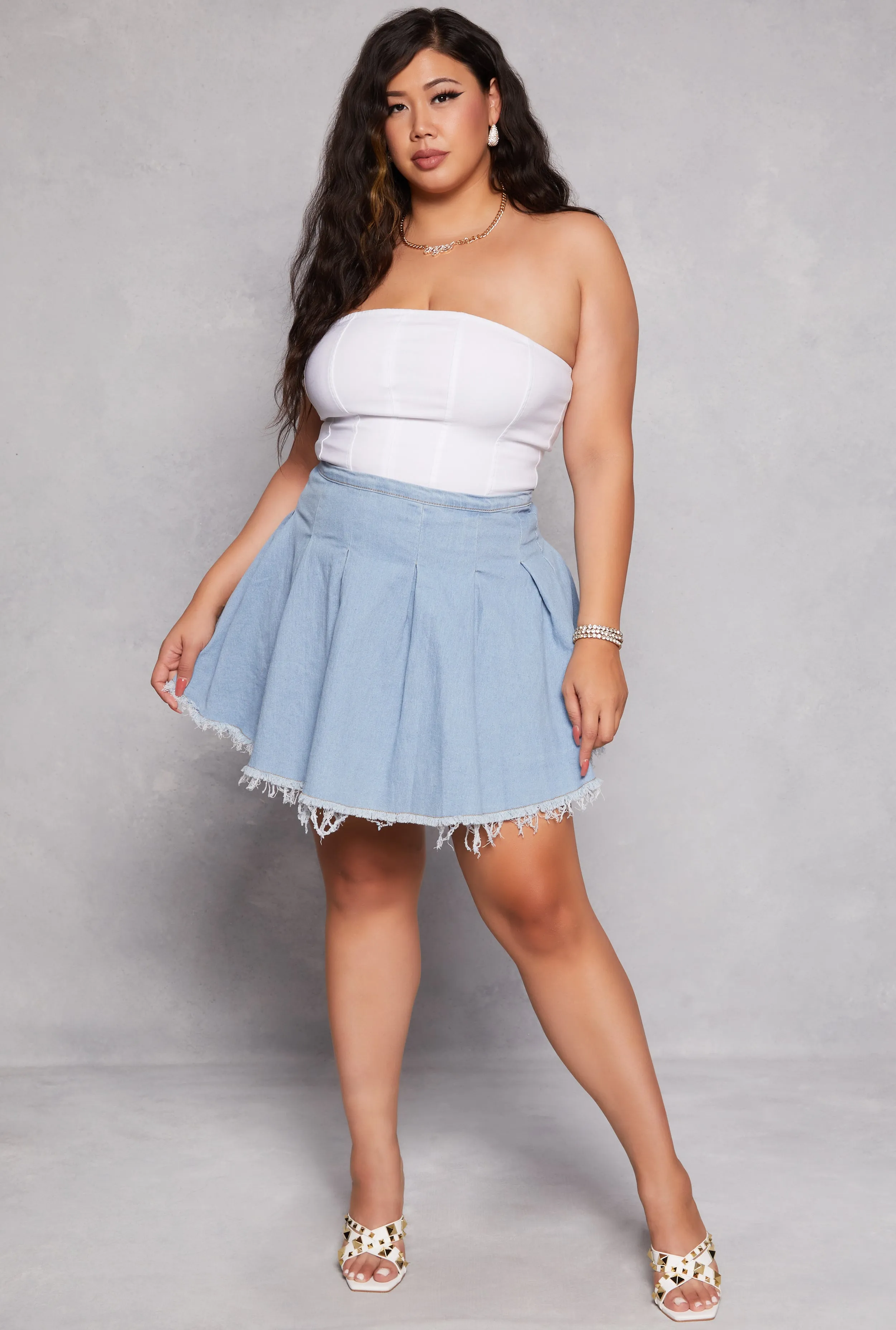 Plus Size Daisy Denim Frayed Hem Pleated Skirt sold by Rainbow