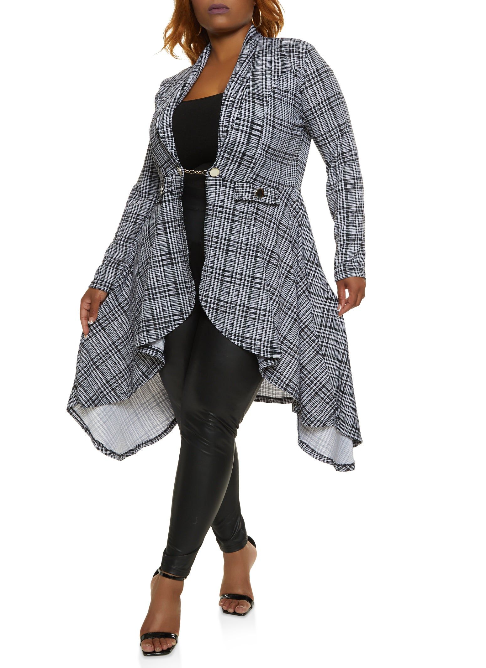 Plus Size Plaid Chain Button High Low Blazer sold by Rainbow