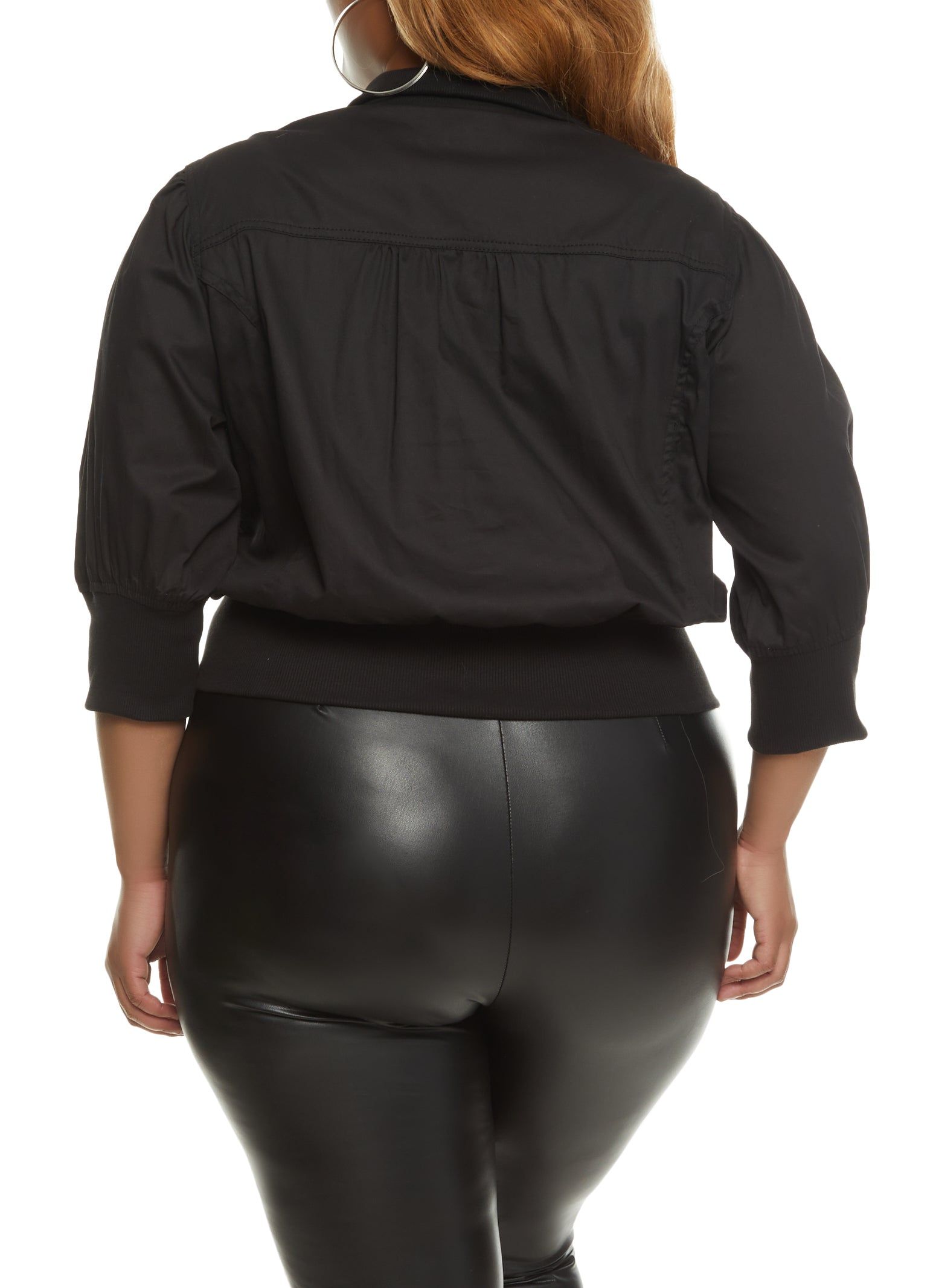 Plus Size Ribbed Trim Twill Cropped Bomber Jacket sold by Rainbow product image thumbnail 2