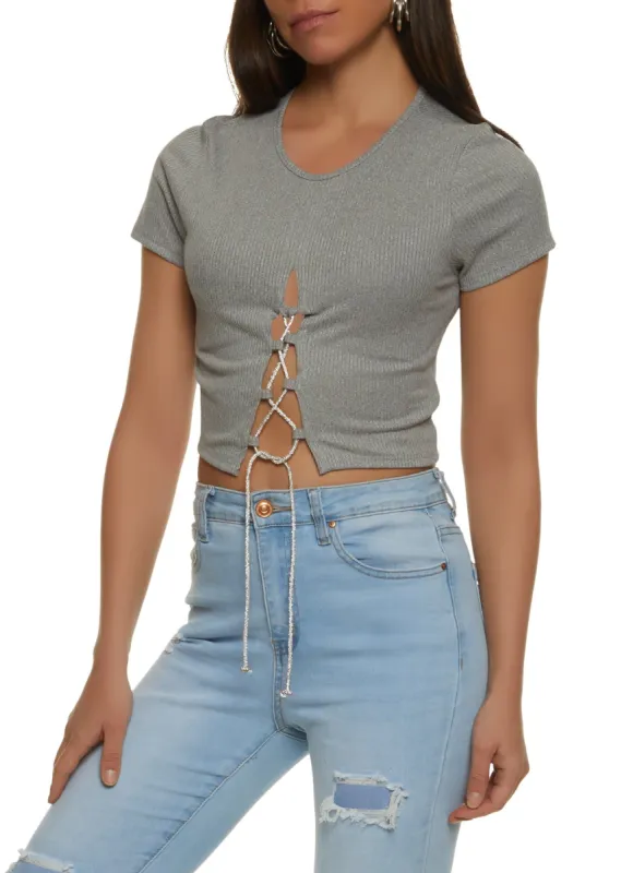 Rib Knit Rhinestone Lace Up Crop Top sold by Rainbow