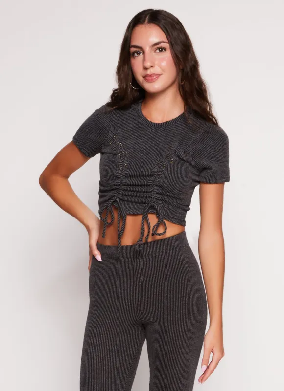Ribbed Knit Ruched Lace Up Crop Top sold by Rainbow