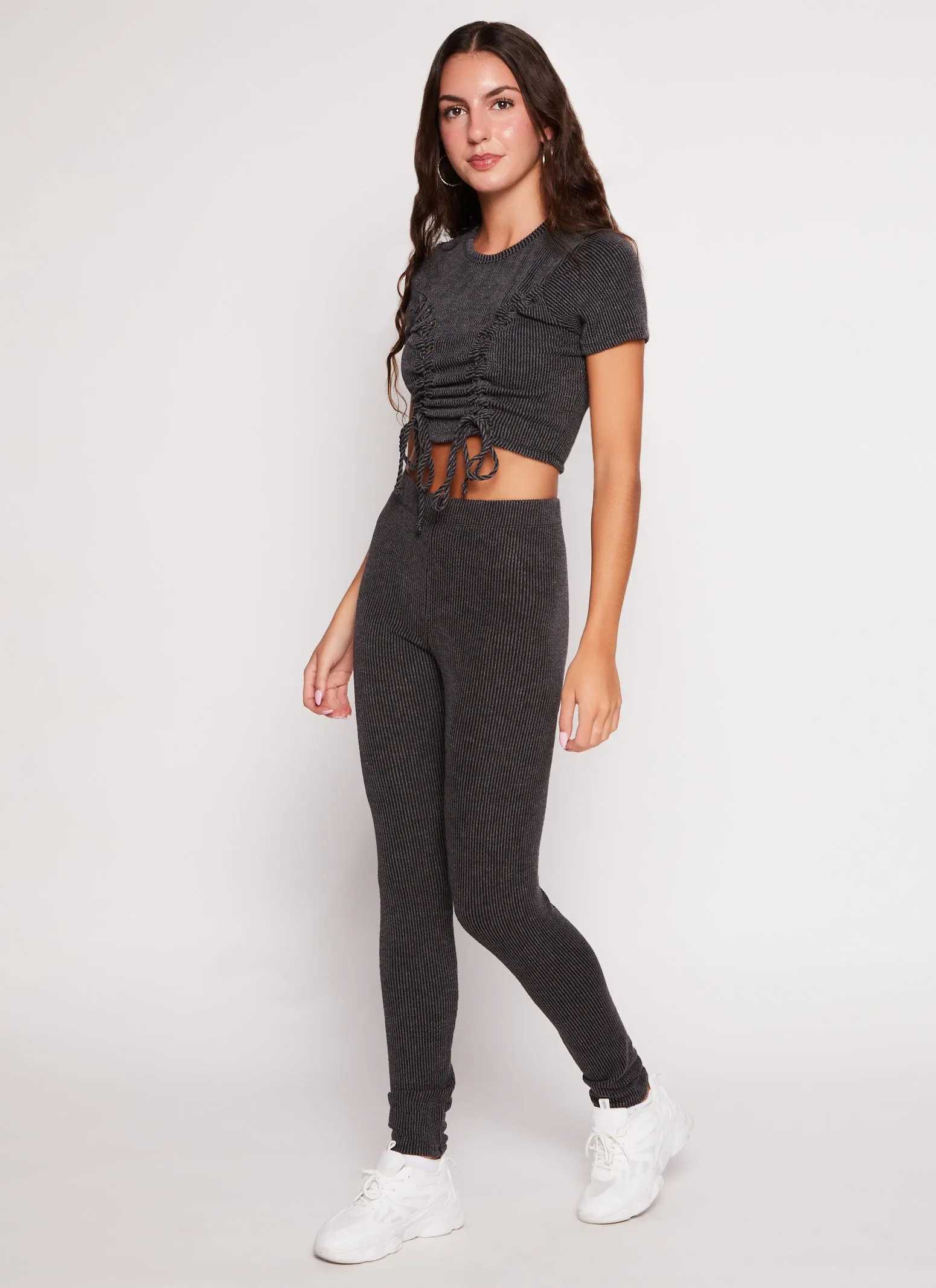 Ribbed Knit Ruched Lace Up Crop Top sold by Rainbow product image thumbnail 2