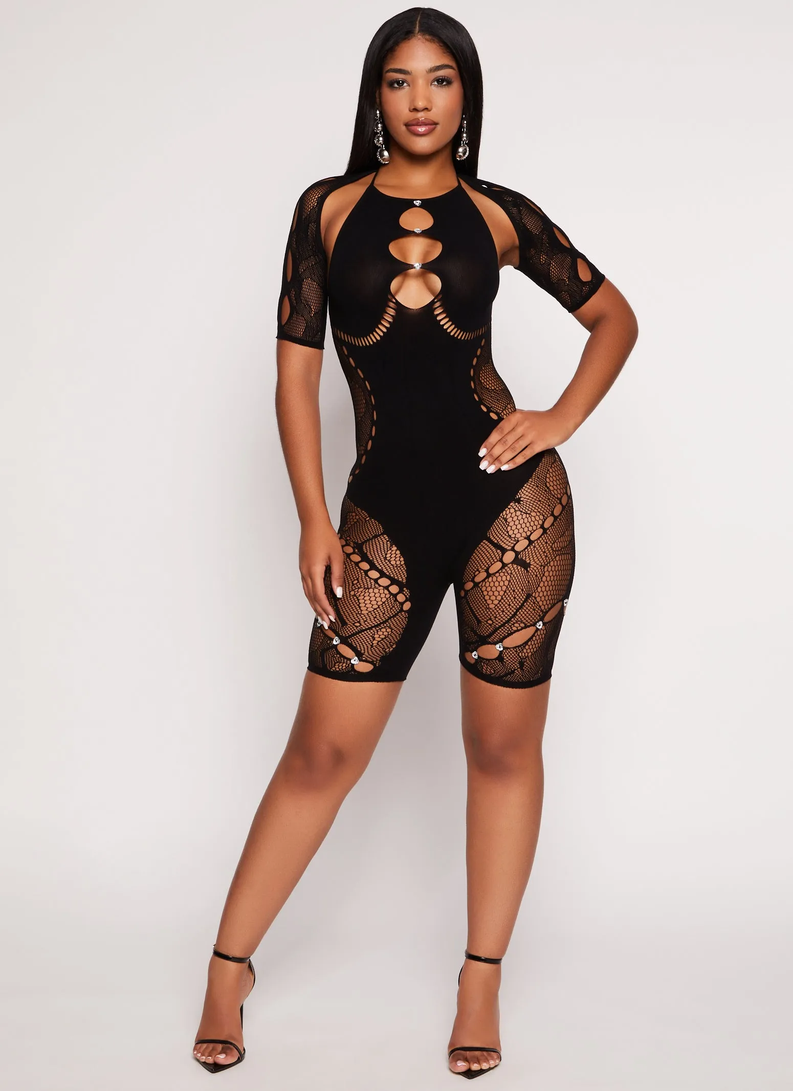 Rhinestone Cut Out Seamless Biker Romper sold by Rainbow product image thumbnail 2