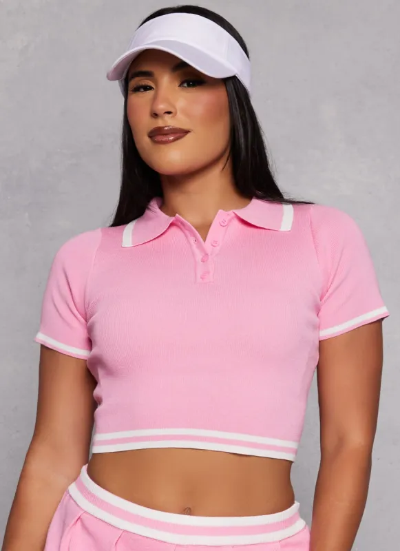 Daisy Knit Varsity Stripe Cropped Polo Shirt sold by Rainbow