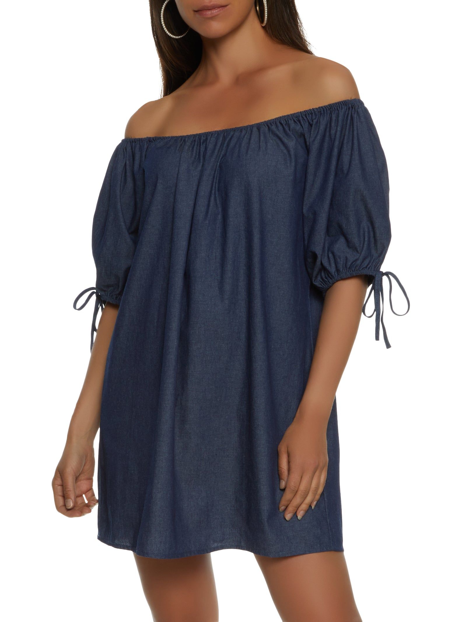 Denim Knit Off the Shoulder Shift Dress sold by Rainbow