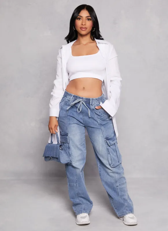 Almost Famous Acid Wash Wide Leg Cargo Jeans sold by Rainbow