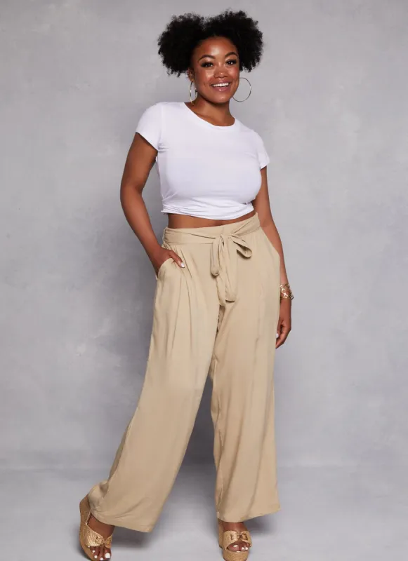 Plus Size Tie Waist Belted Palazzo Pants sold by Rainbow