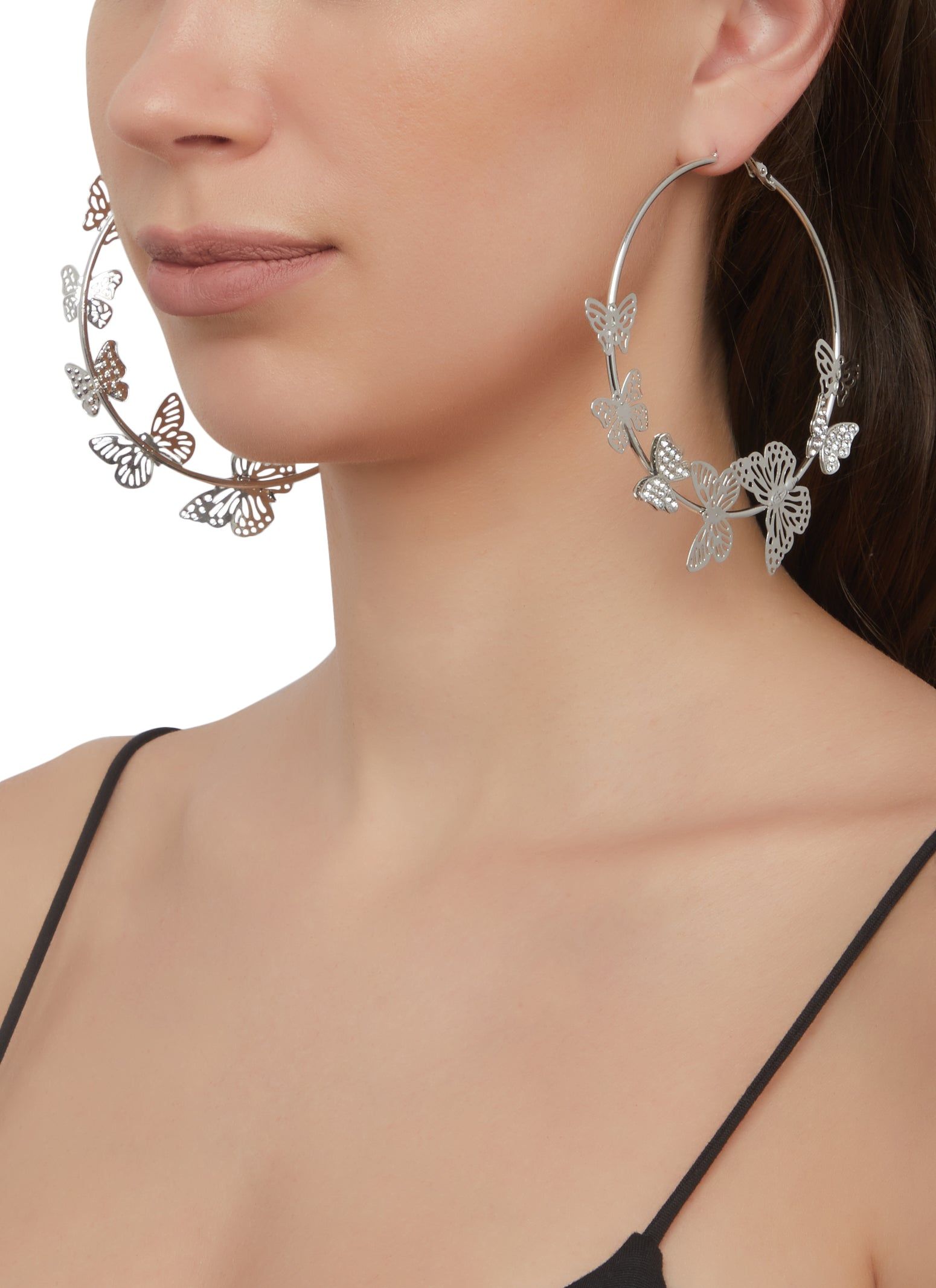 Metallic Butterfly Hoop Earrings sold by Rainbow
