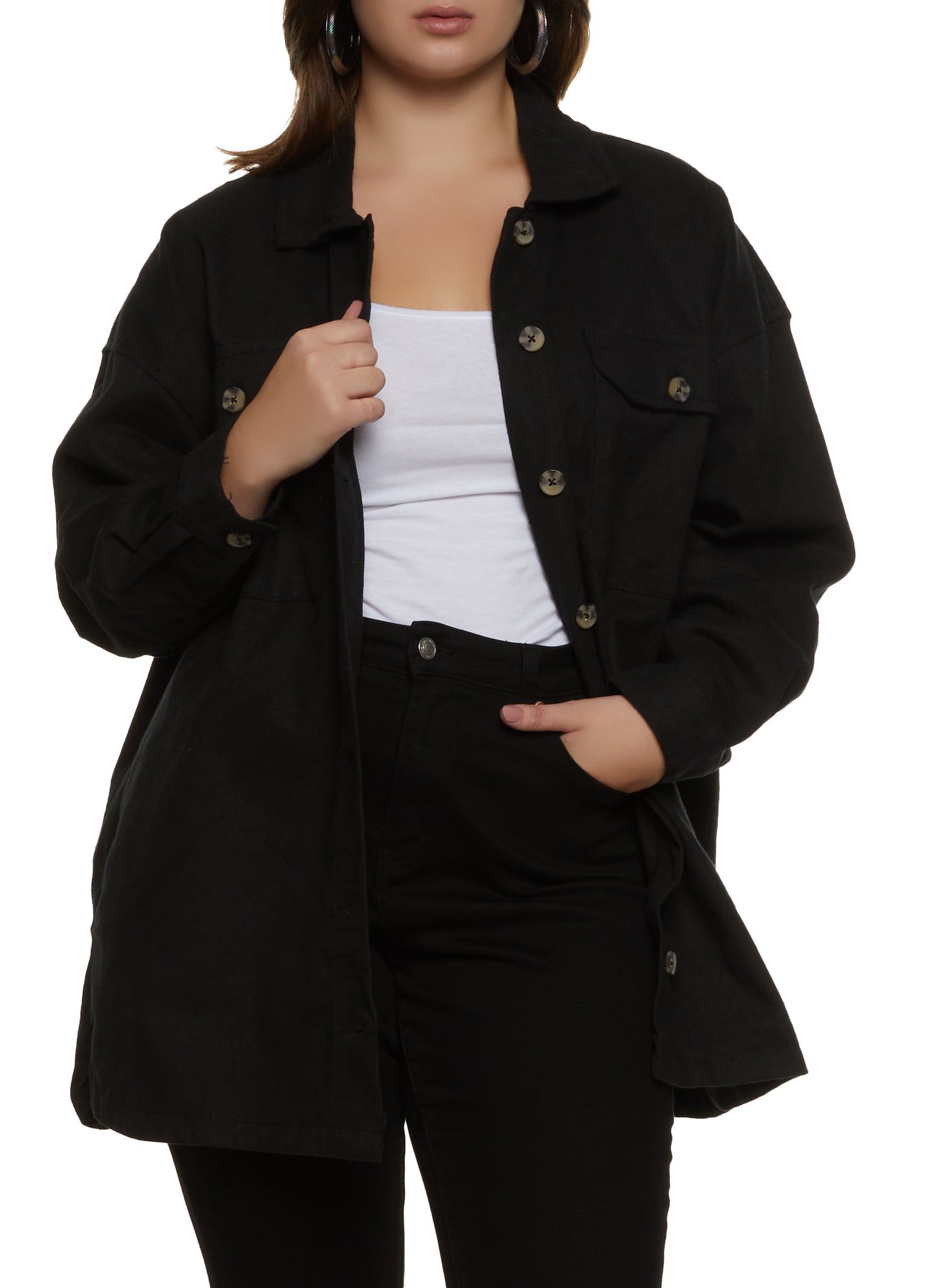 Plus Size Twill Button Front Shacket sold by Rainbow