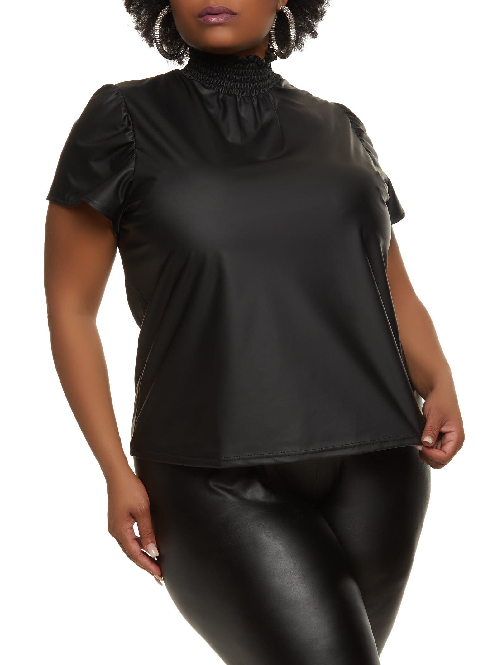 Plus Size Faux Leather Smocked Neck Top sold by Rainbow