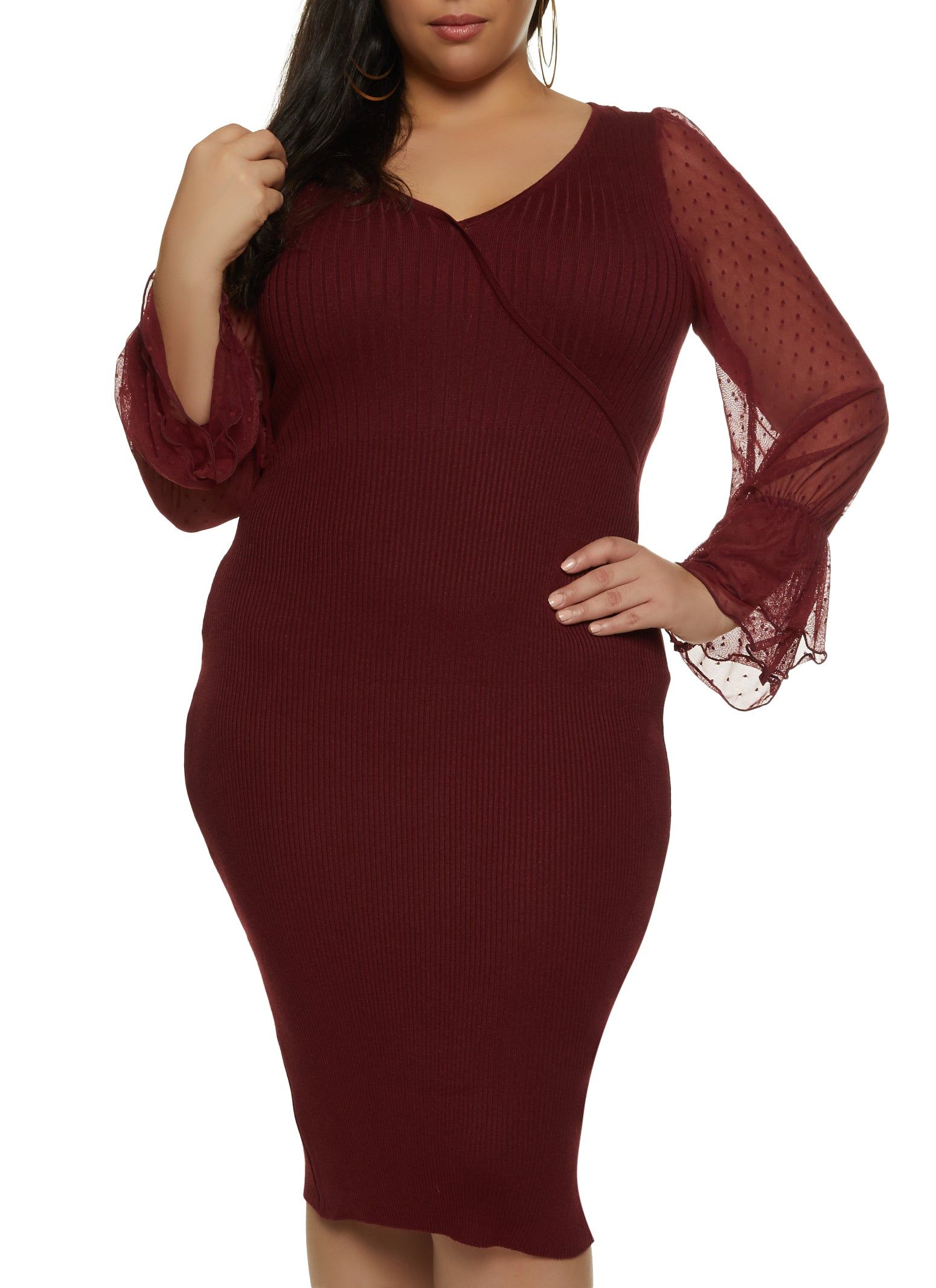 Plus Size Mesh Swiss Dot Sleeve Midi Dress sold by Rainbow