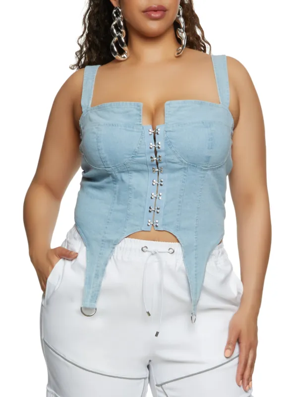 Plus Size Denim Hook and Eye Front Bustier Top sold by Rainbow