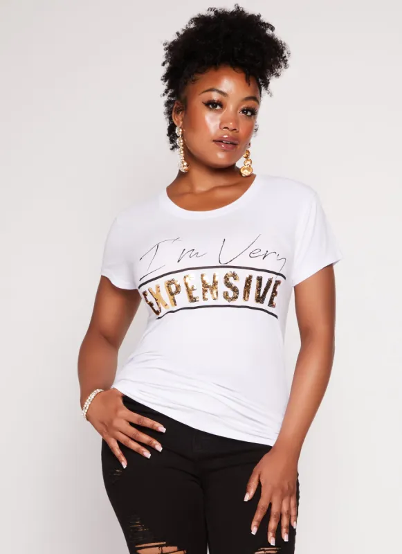 Plus Size Im Very Expensive Ruched Sequin Graphic Tee sold by Rainbow