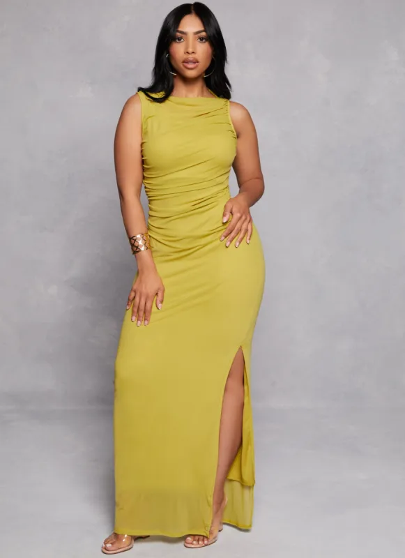 Haute Monde Mesh High Cowl Neck Side Slit Maxi Dress sold by Rainbow