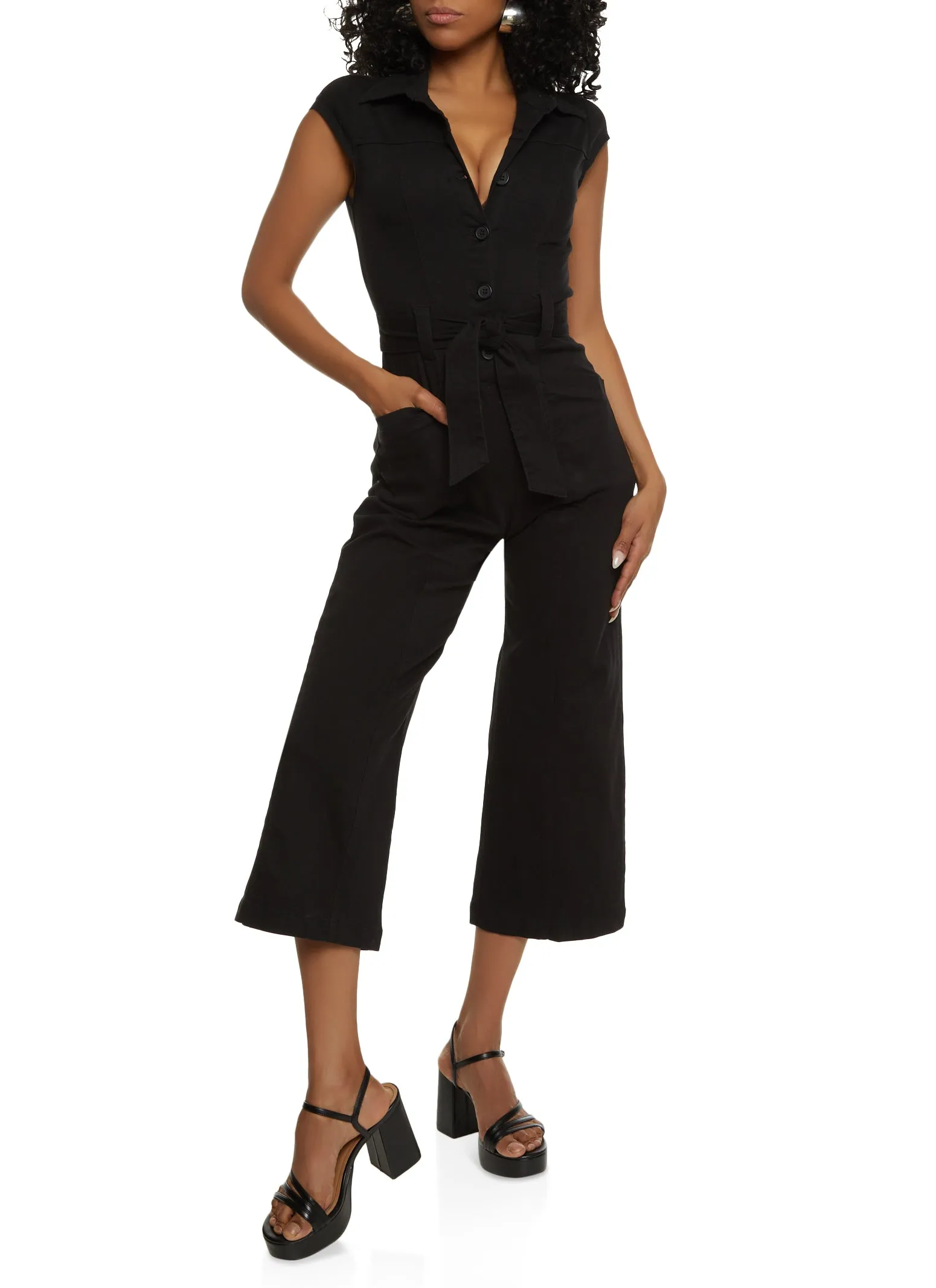 Twill Belted Cropped Jumpsuit sold by Rainbow