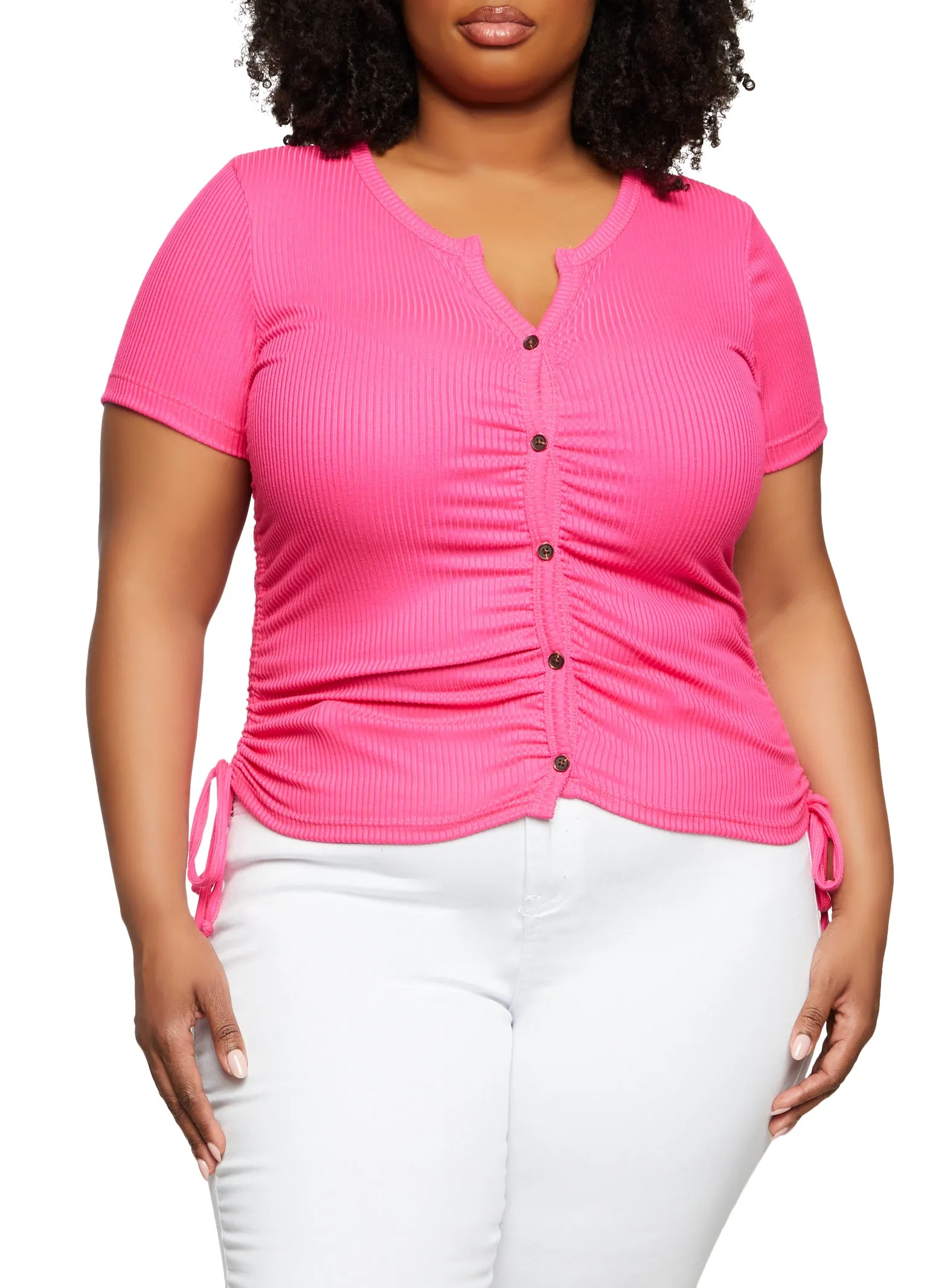 Plus Size Rib Knit Button Front Ruched Tee sold by Rainbow