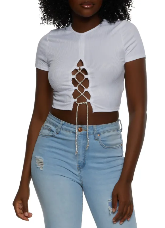 Rib Knit Rhinestone Lace Up Crop Top sold by Rainbow