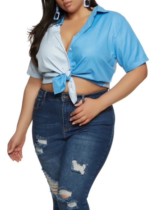 Plus Size Color Block Button Front Short Sleeve Shirt sold by Rainbow