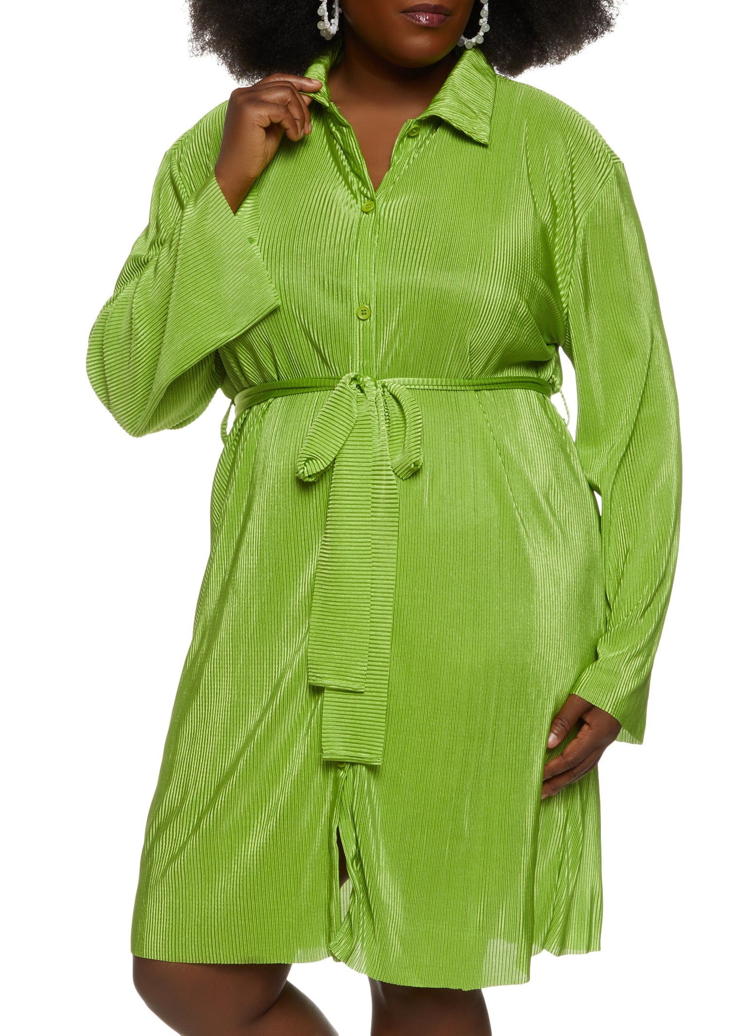 Plus Size Plisse Belted Shirt Dress sold by Rainbow