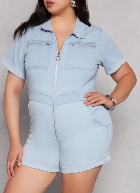 Plus Size Denim Zip Front Pocket Detail Romper sold by Rainbow