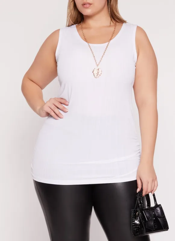 Plus Size Rib Knit Ruched Tank Top with Necklace sold by Rainbow