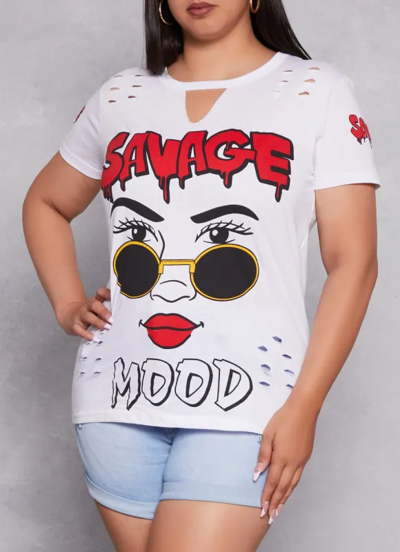 Plus Size Savage Mood Laser Cut Graphic Tee sold by Rainbow