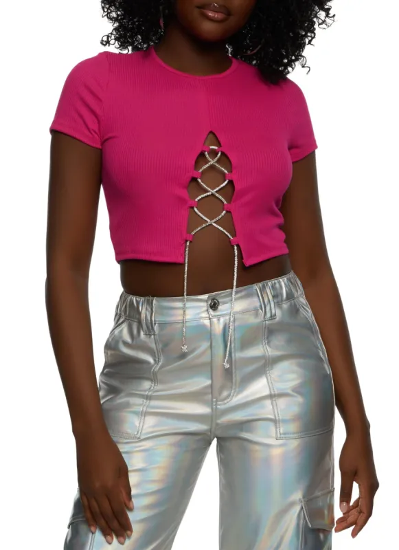 Rib Knit Rhinestone Lace Up Crop Top sold by Rainbow