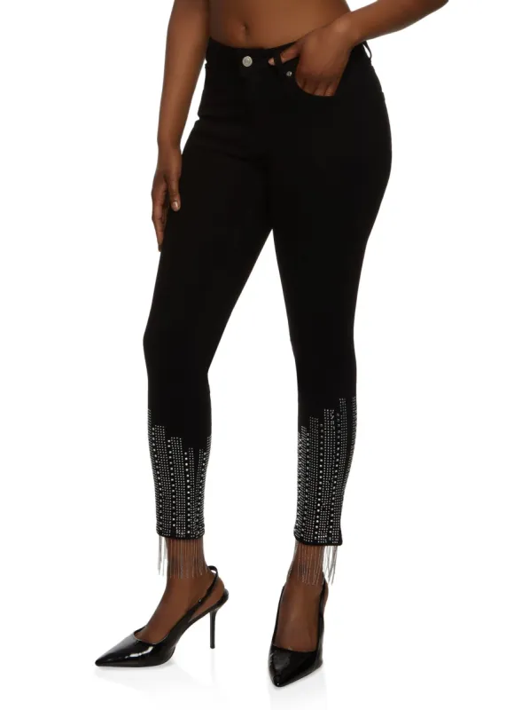 Rhinestone Studded Fringe Hem Skinny Jeans sold by Rainbow
