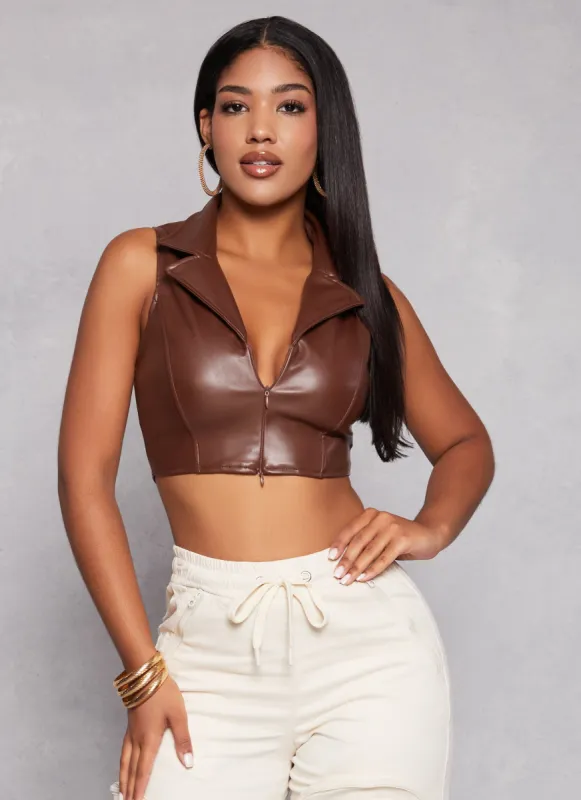 Faux Leather Sleeveless Collared Crop Top sold by Rainbow
