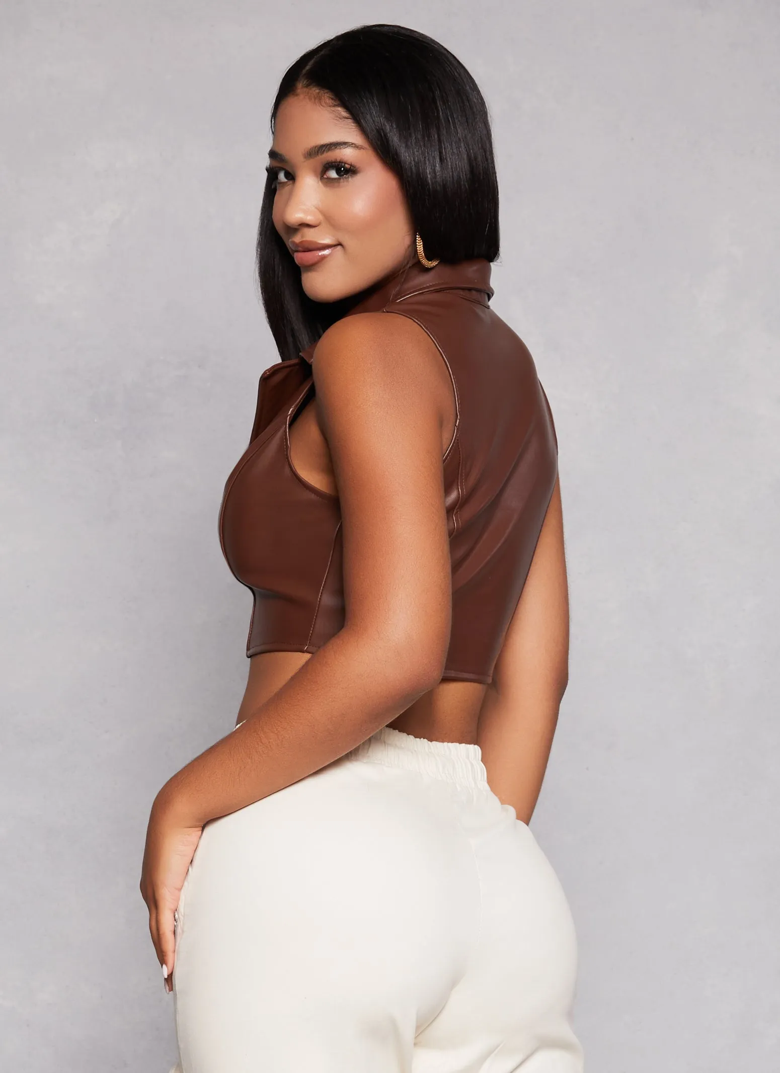 Faux Leather Sleeveless Collared Crop Top sold by Rainbow product image thumbnail 3