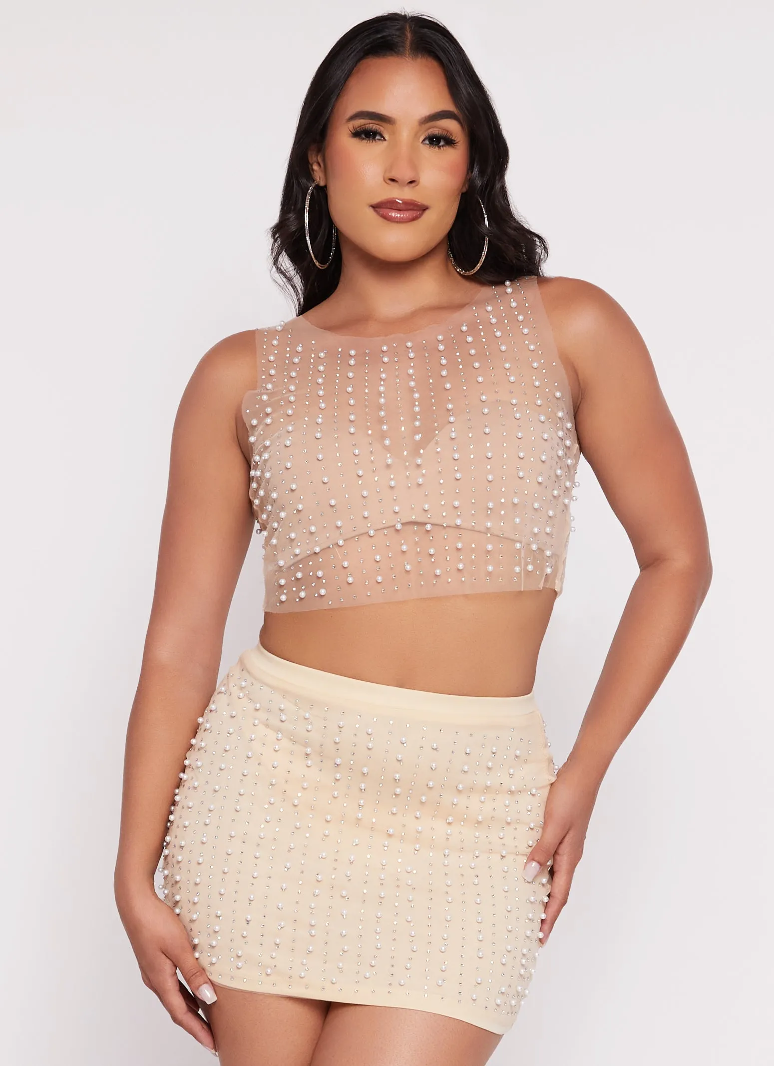 Mesh Faux Pearl Cropped Tank Top sold by Rainbow