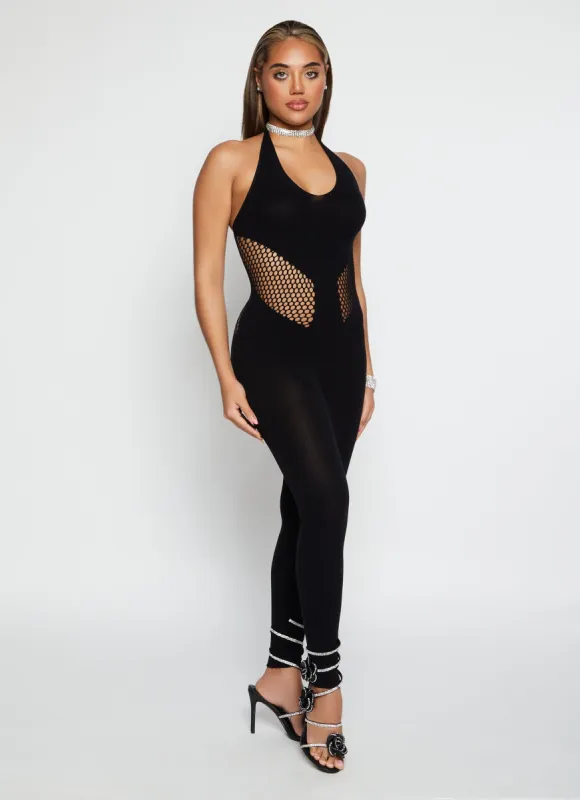 Fishnet Detail Seamless Halter Catsuit sold by Rainbow