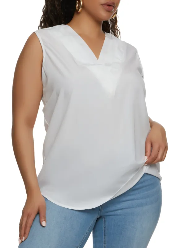Plus Size Sleeveless Pleated V Neck Blouse sold by Rainbow