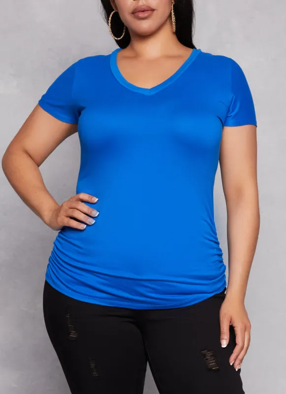 Plus Size Basic V Neck Ruched Side Tee sold by Rainbow