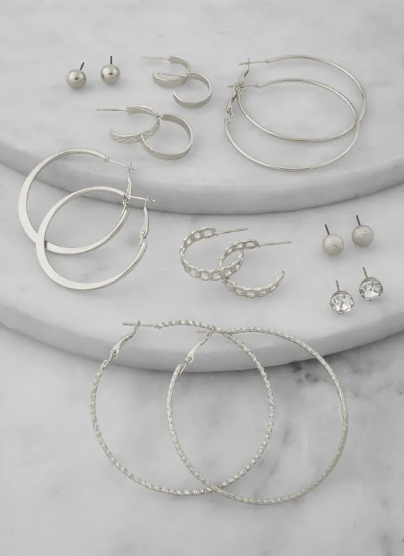 Metallic Textured Hoop and Stud Earrings Set of 9 sold by Rainbow