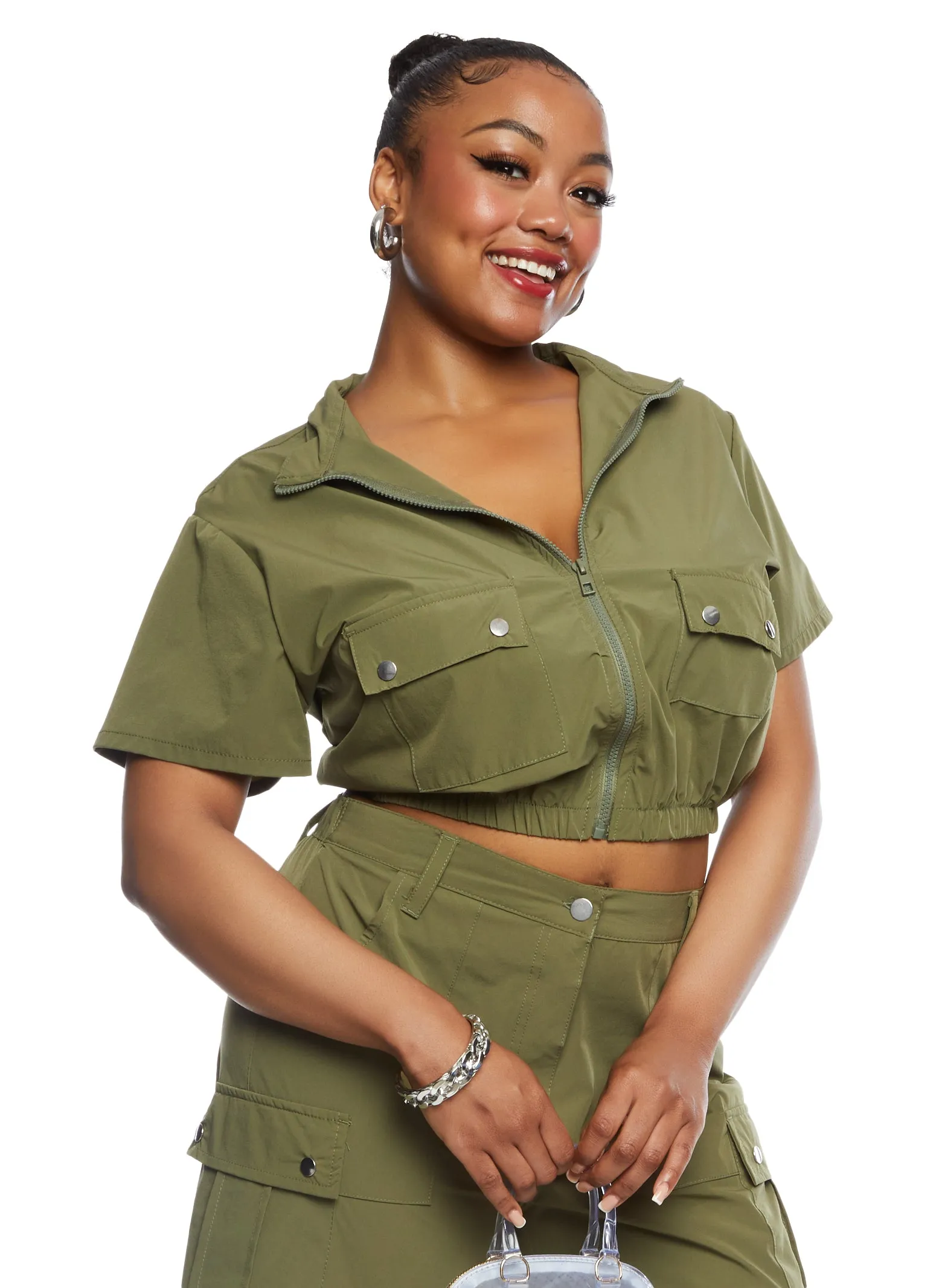 Plus Size Cargo Pocket Zip Front Crop Top sold by Rainbow