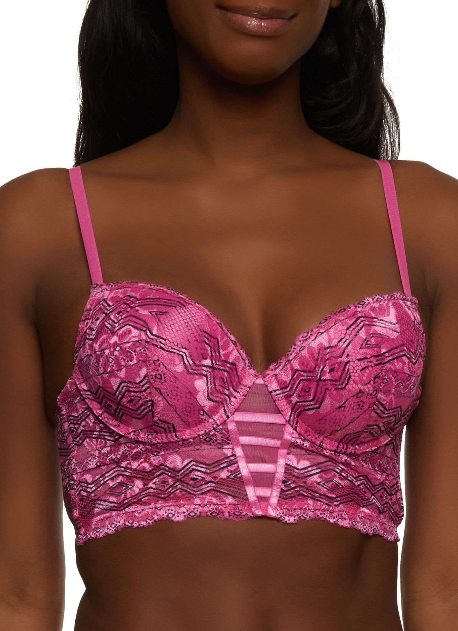 Geo Print Caged Front Lace Longline Plunge Bra sold by Rainbow