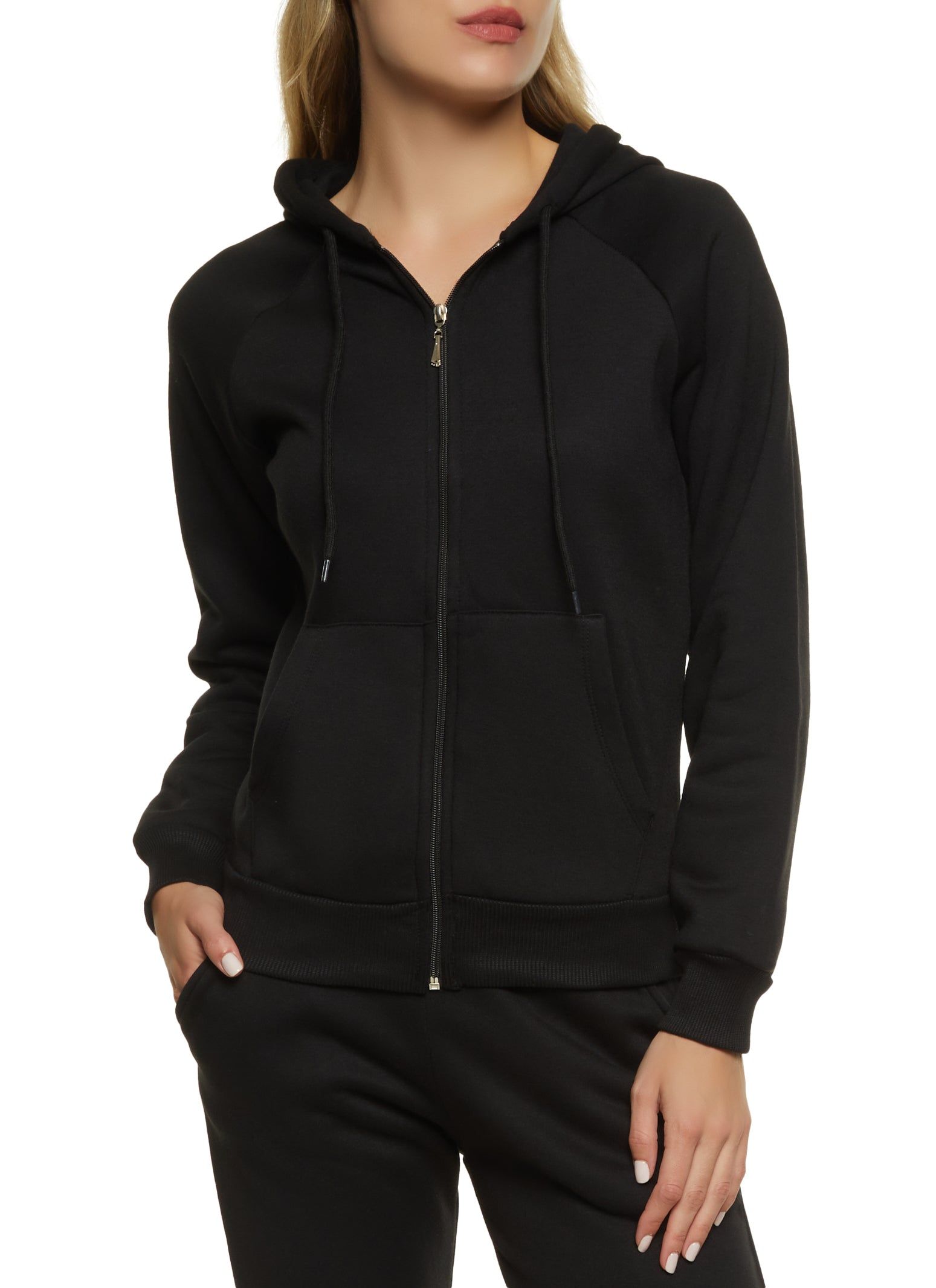 Solid Drawstring Zip Front Hoodie sold by Rainbow