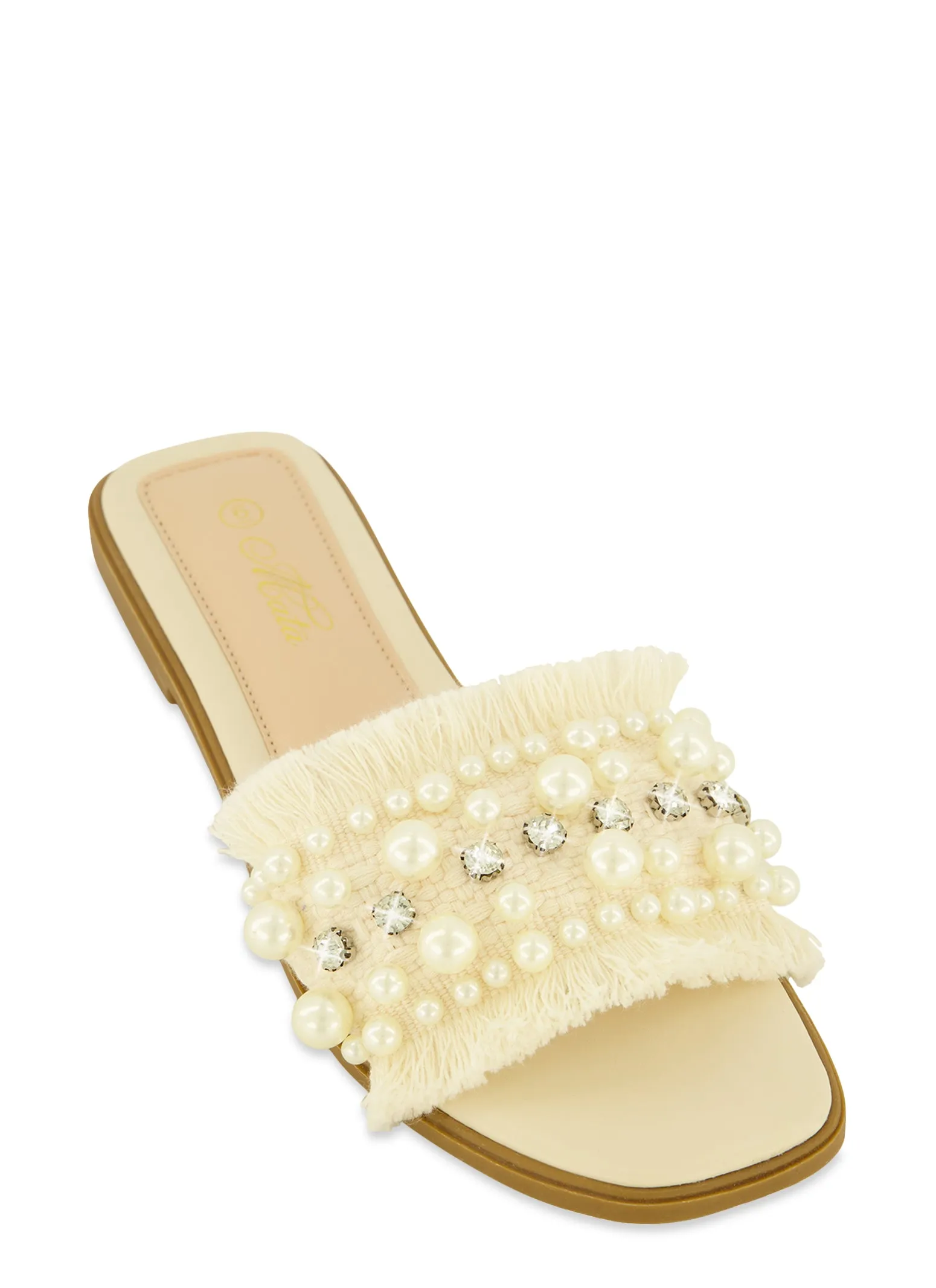 Frayed Faux Pearl Rhinestone Band Slide Sandals sold by Rainbow