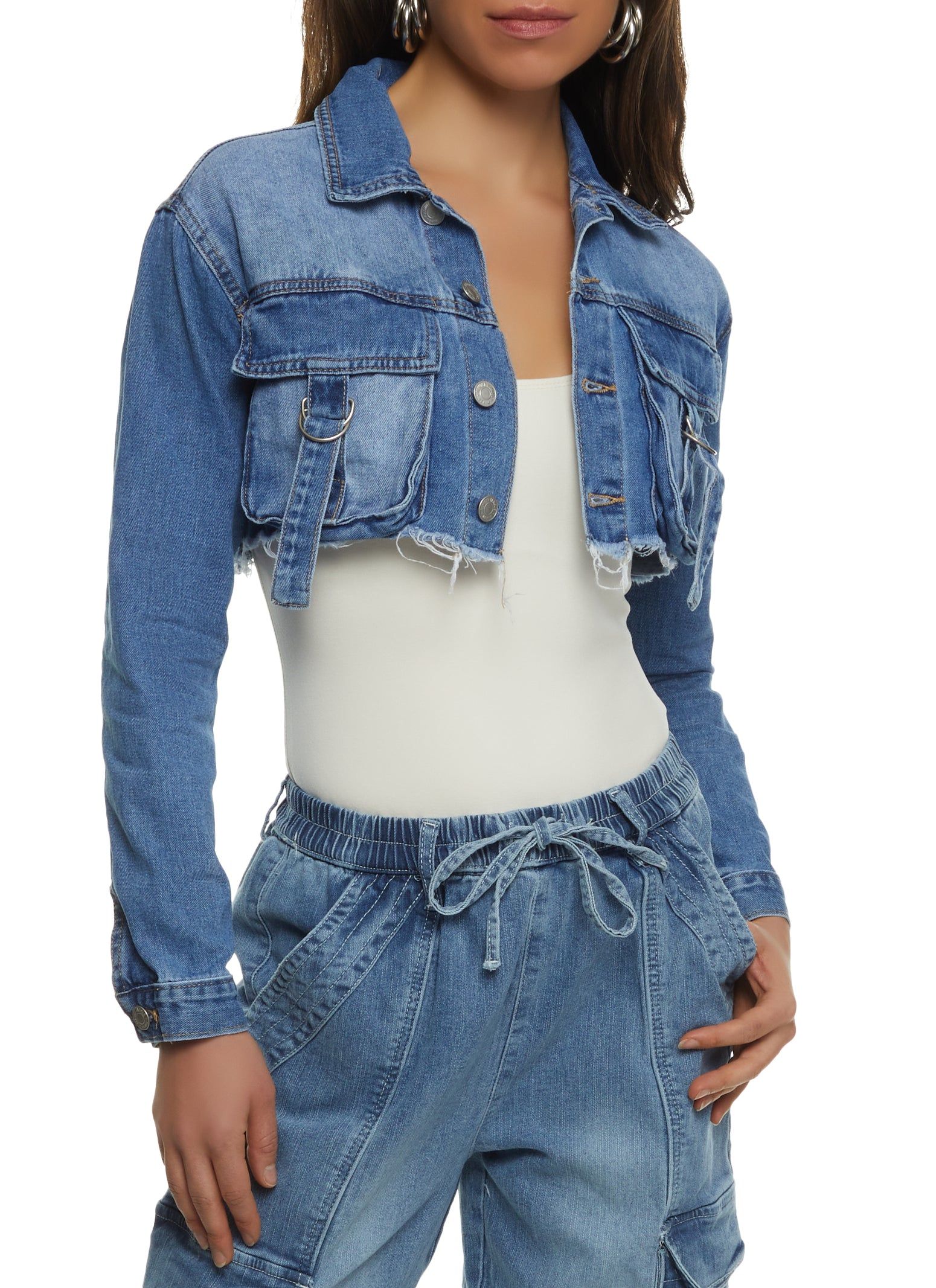 Almost Famous Cargo Pocket Cropped Jean Jacket sold by Rainbow