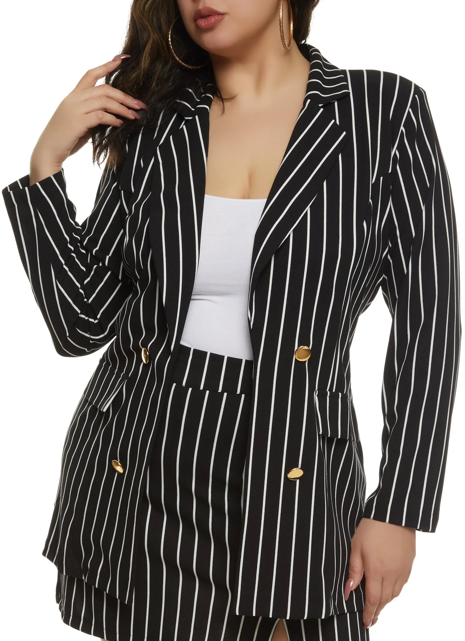 Plus Size Crepe Knit Striped Button Front Blazer sold by Rainbow