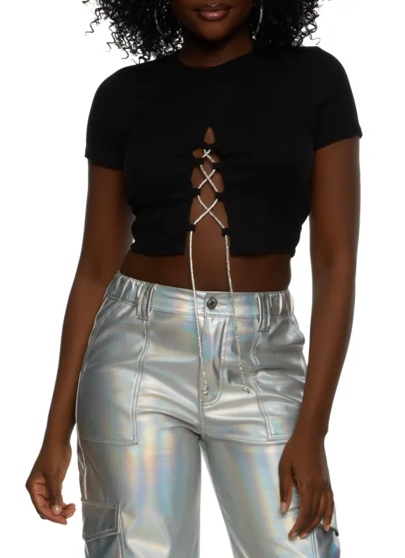 Rib Knit Rhinestone Lace Up Crop Top sold by Rainbow