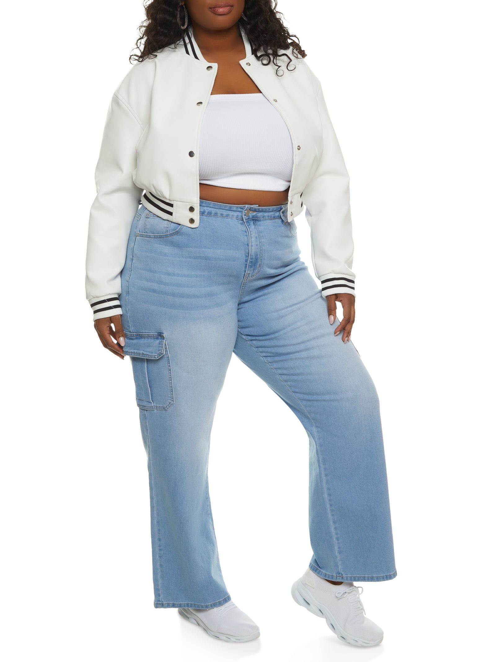 Plus Size Faux Leather Cropped Varsity Bomber Jacket sold by Rainbow product image thumbnail 2