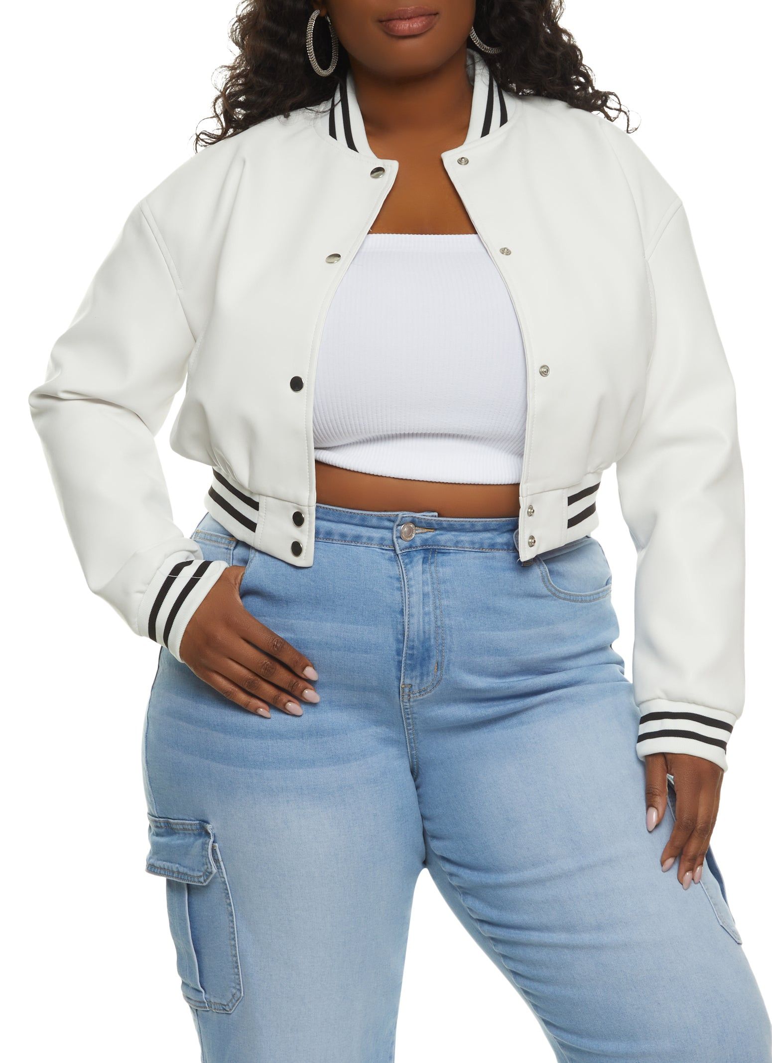 Plus Size Faux Leather Cropped Varsity Bomber Jacket sold by Rainbow