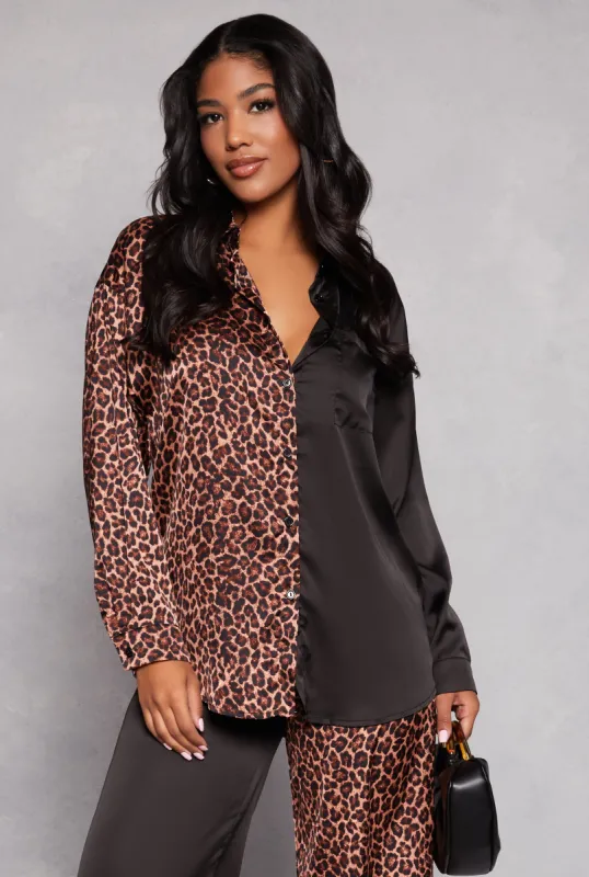 Satin Leopard Color Block Button Front Blouse sold by Rainbow