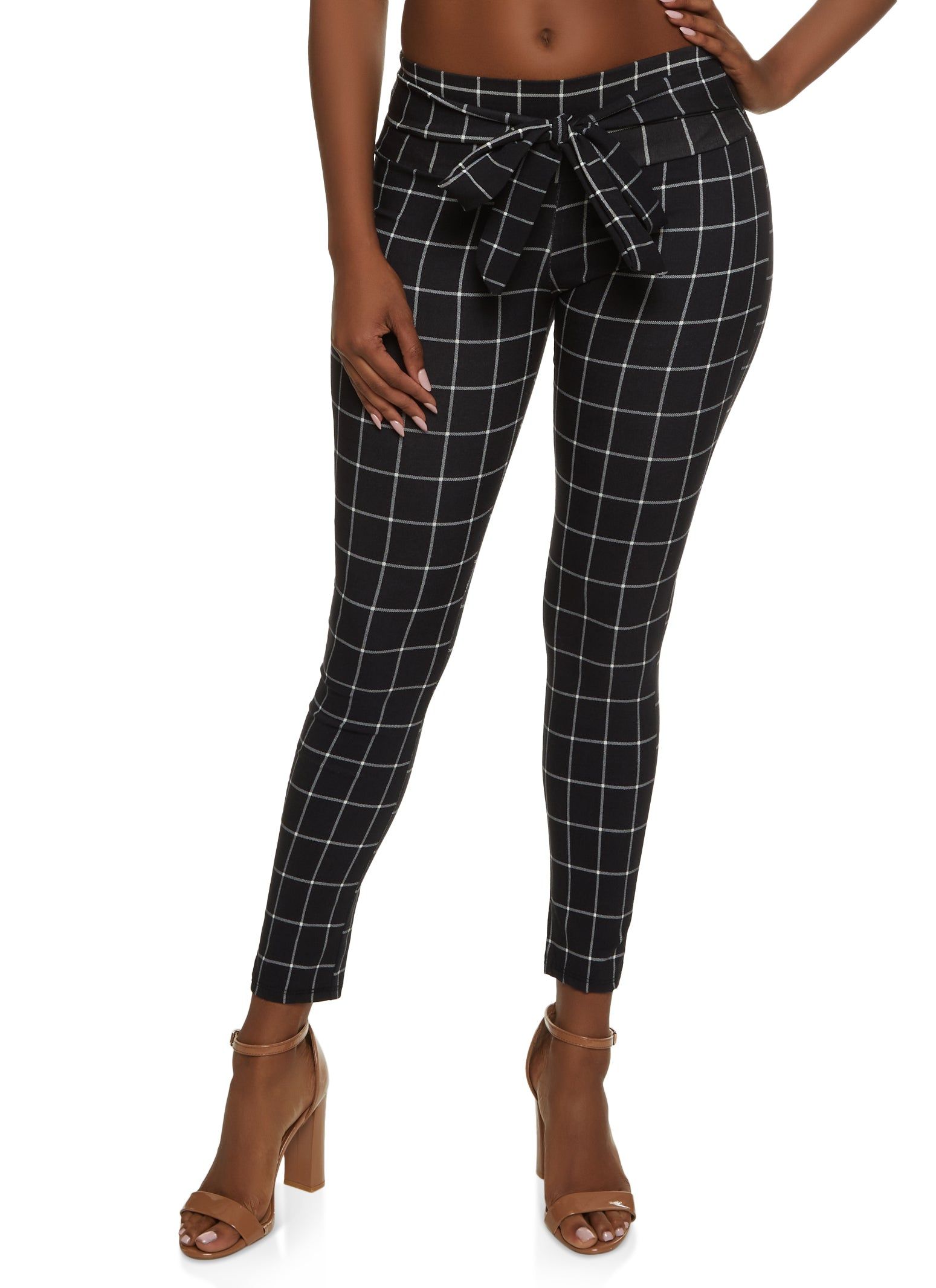 Windowpane Print Tie Front Dress Pants sold by Rainbow
